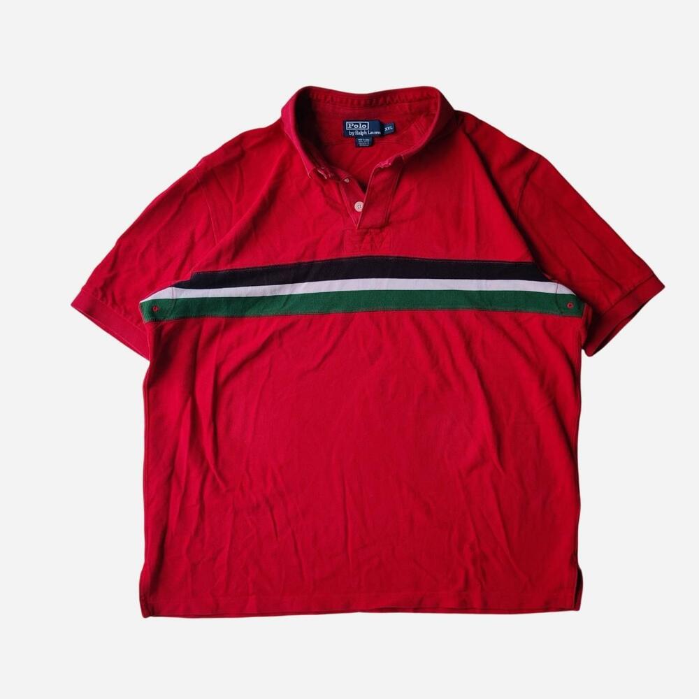 Vintage Polo Ralph Lauren red polo shirt with black, white, and green horizontal